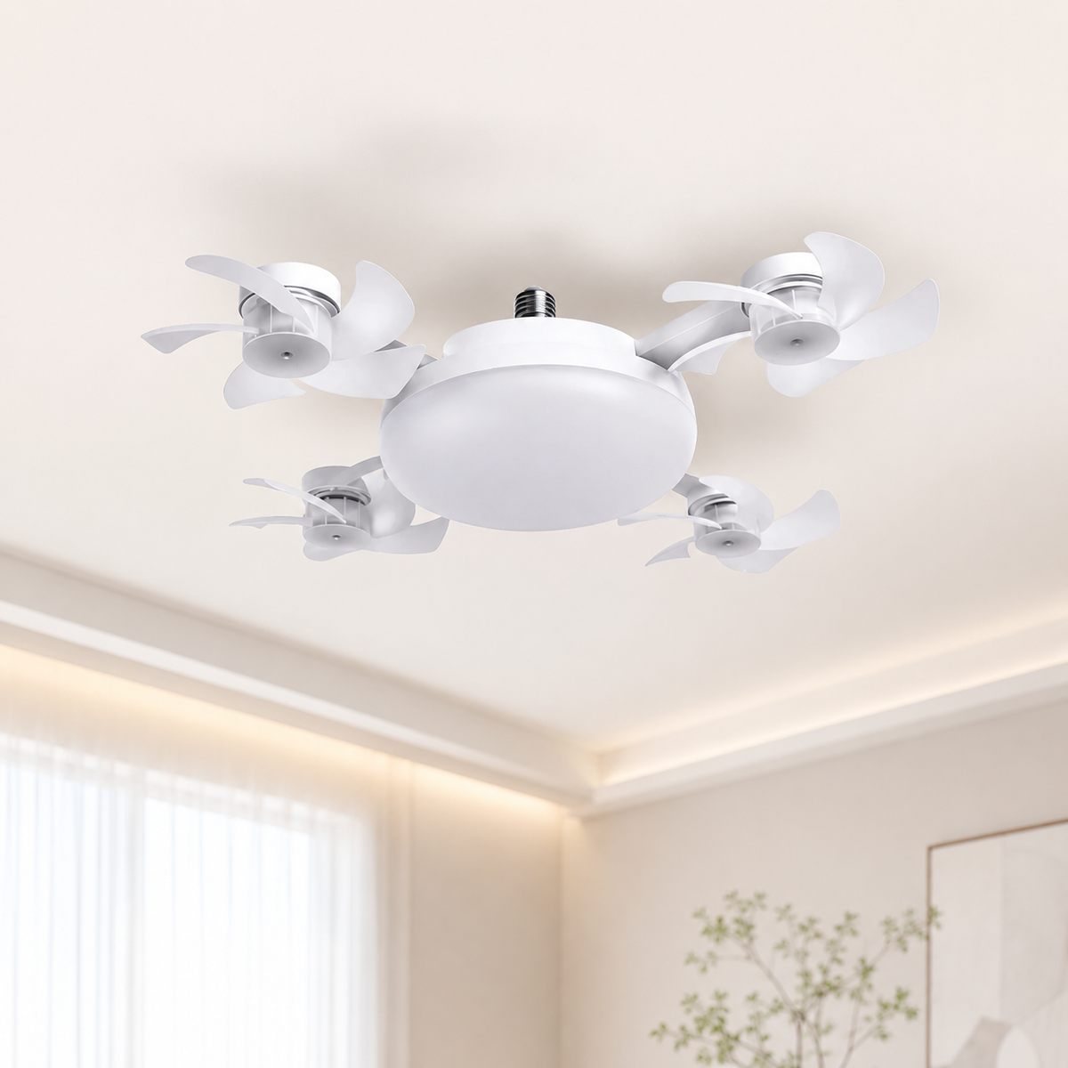 Ventilatorlampe i brug over sengen