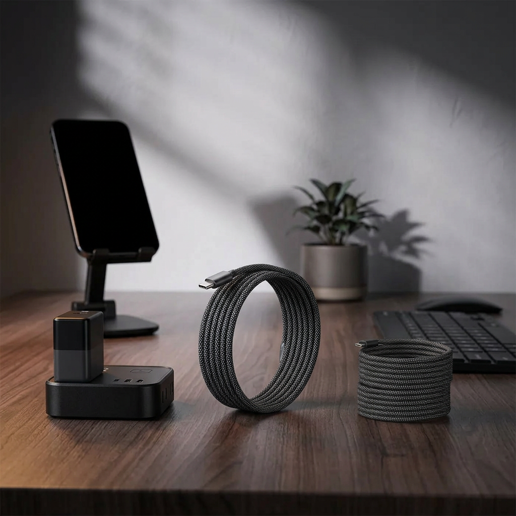 NorCable nylonflettet USB-C-kabel vist i to former på et mørkt træskrivebord