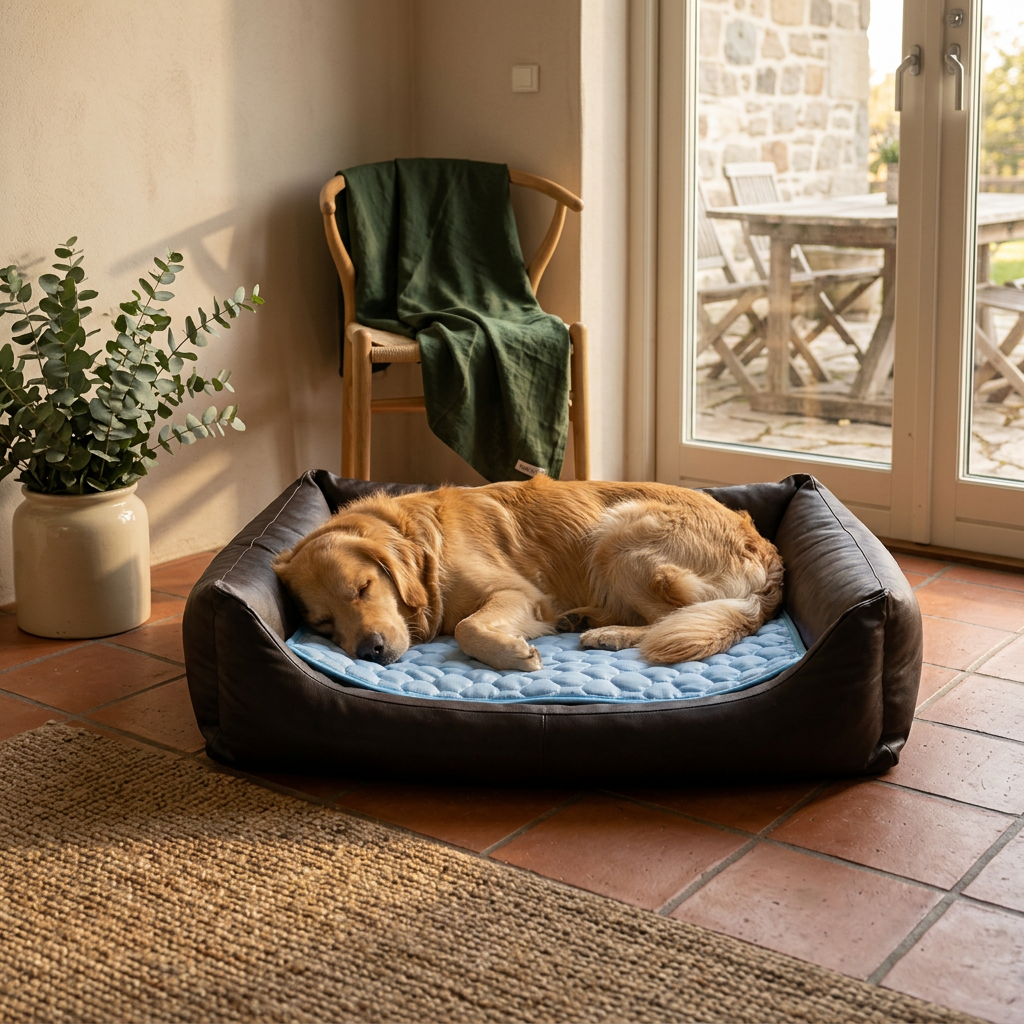 Golden retriever sover trygt på Norillo kølemåtte
