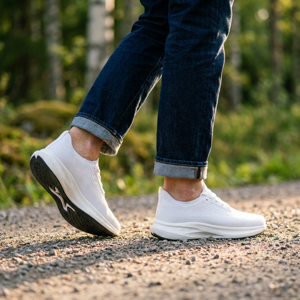 Nærbillede af fødder i Stigré sneakers på grusvej