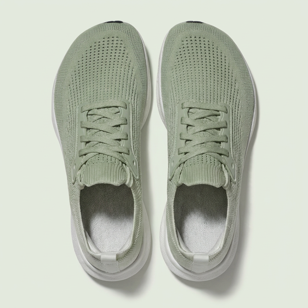 Stigré sneakers fotograferet lige oppefra på studiebaggrund