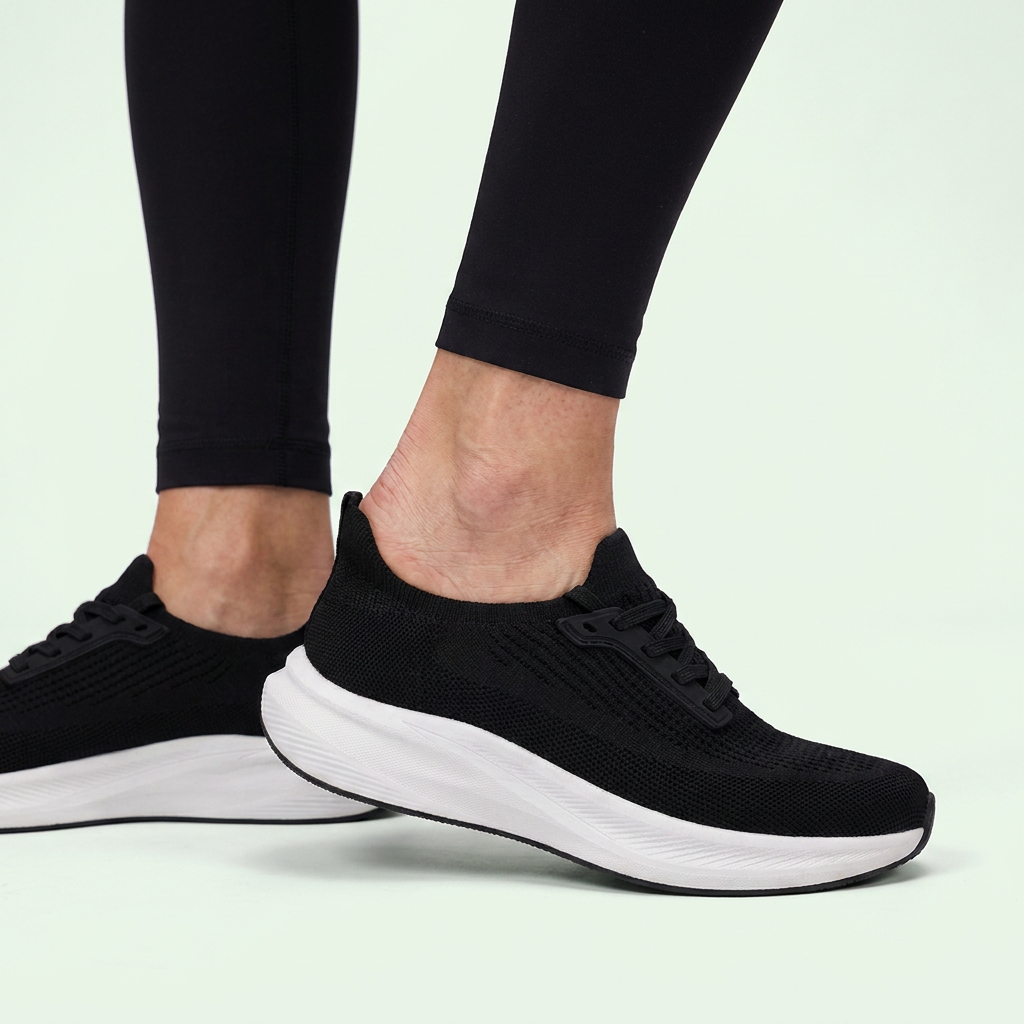 Stigré sneakers båret af kvinde, set fra læggen og ned