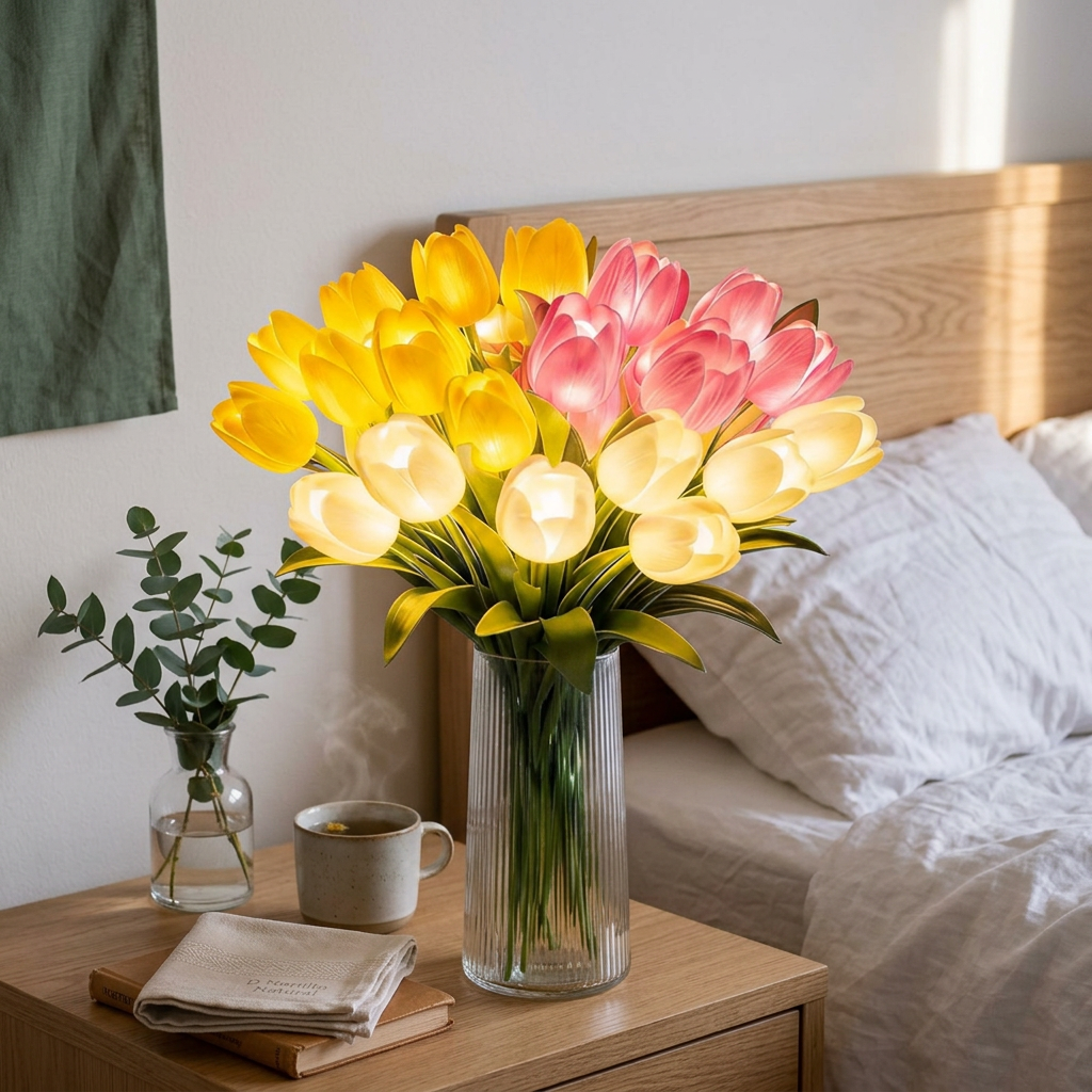 Blanding af hvide, gule og lyserøde LED-tulipaner i riflet glas