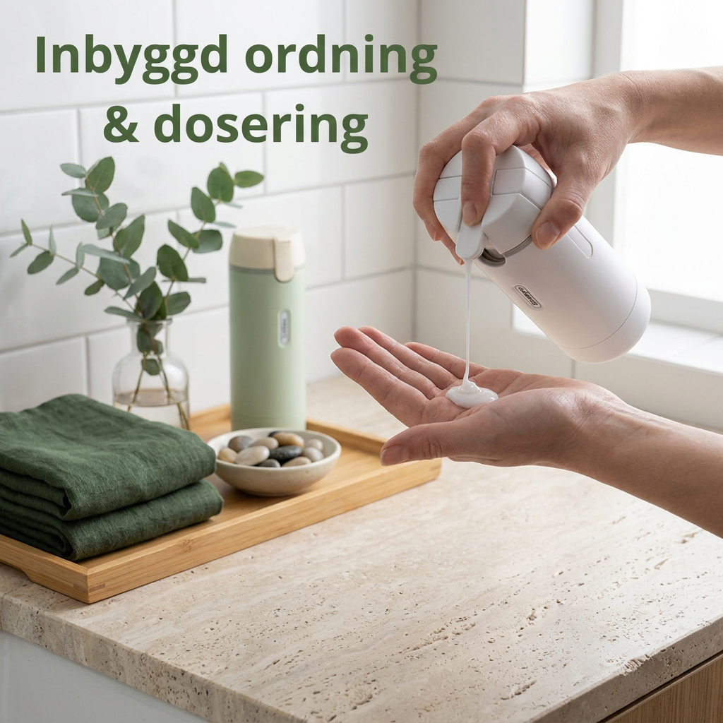 To hænder doserer produktet over travertinbordplade