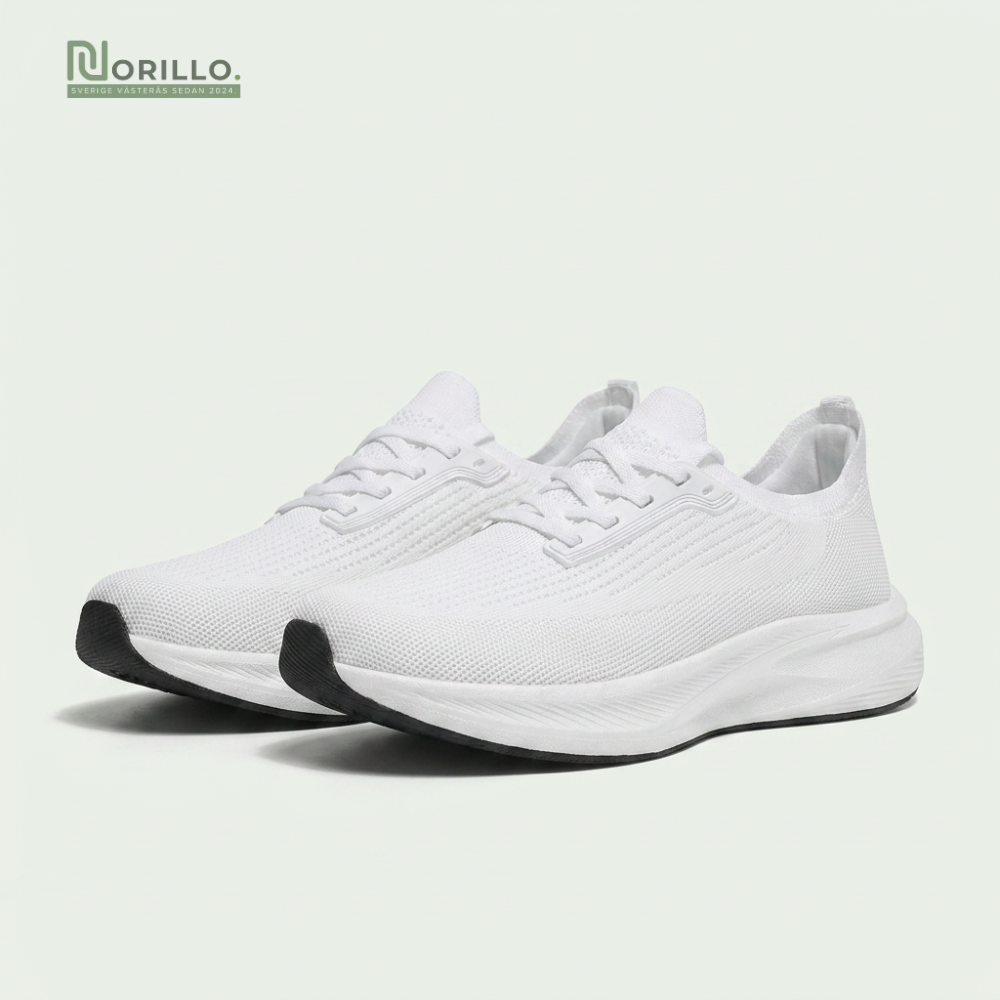 Stigré hallux-venlige sneakers i hvid og sort side om side