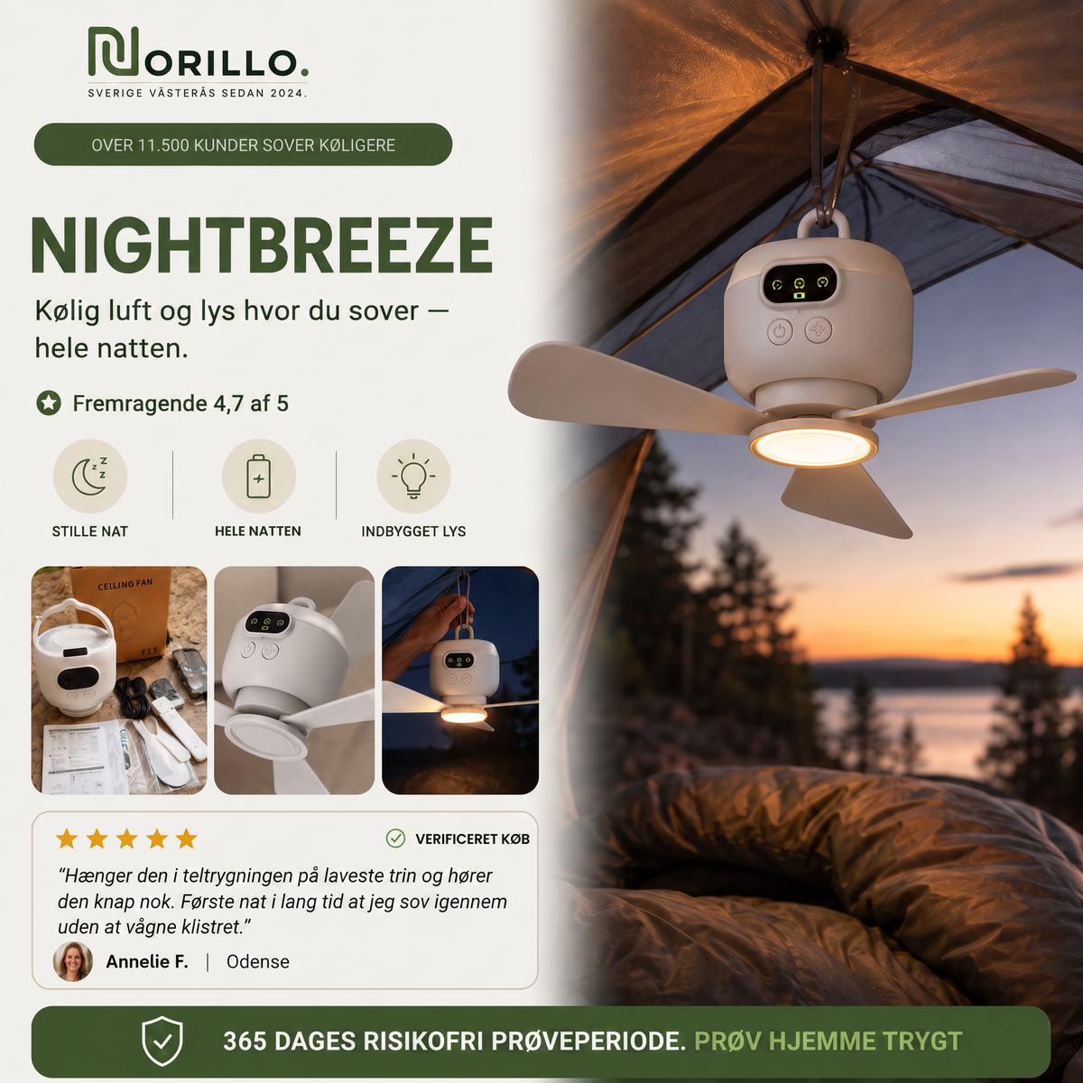 NightBreeze telt-ventilator med lys - dansk