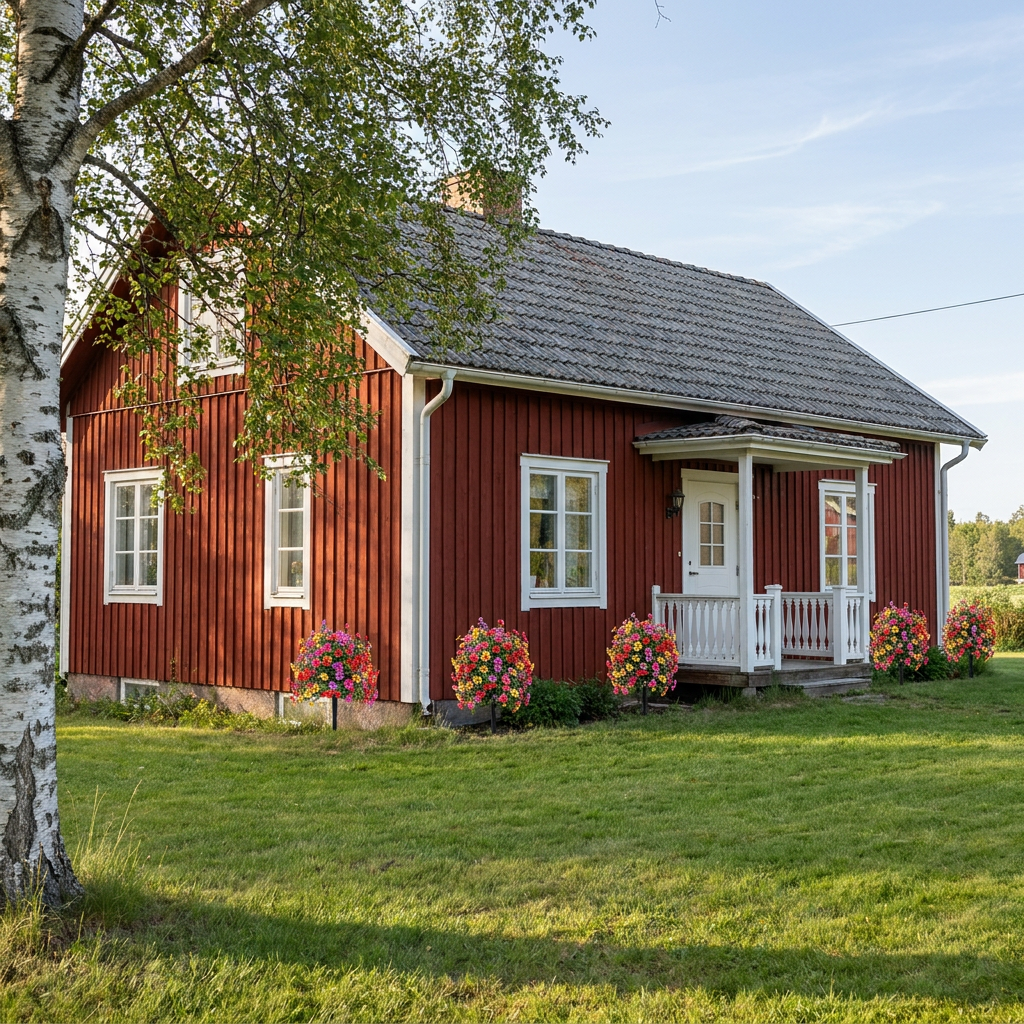 FloraLux kunstige blomster ved et klassisk rødt hus