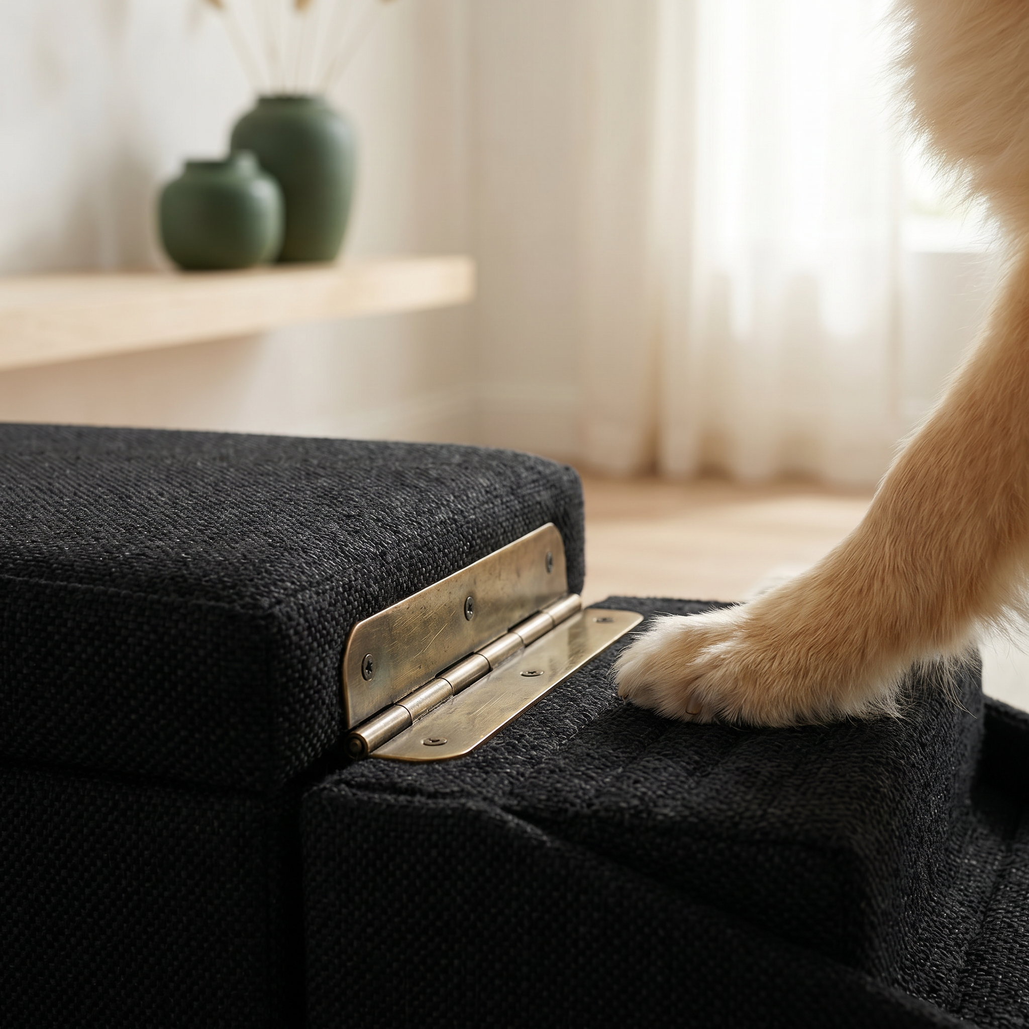 Nærbillede af messinghængsel på hundetrappen