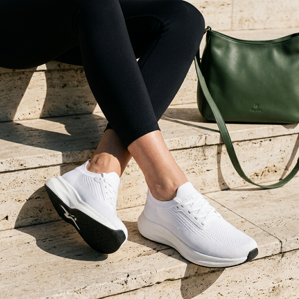 Kvinde iført Stigré sneakers siddende på travertintrappe