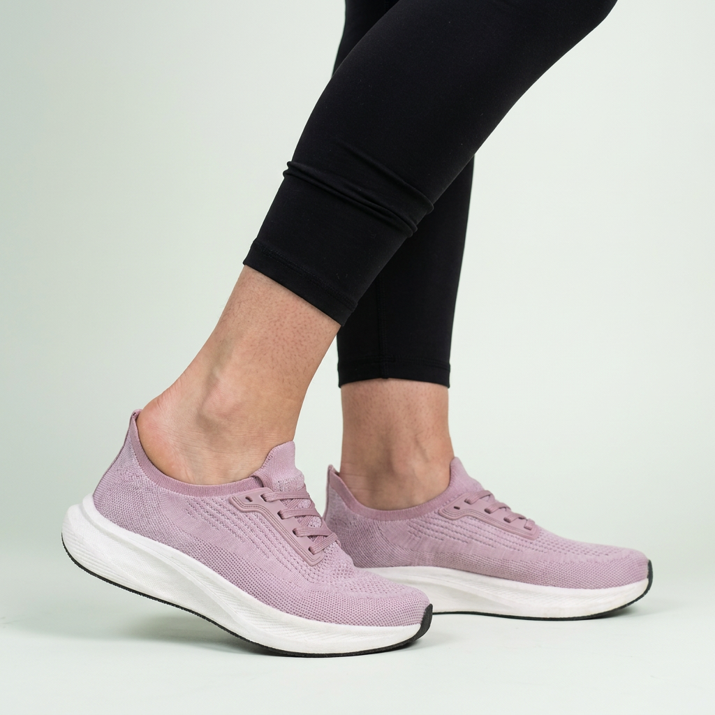 Stigré sneakers båret af kvinde, set fra læggen og ned