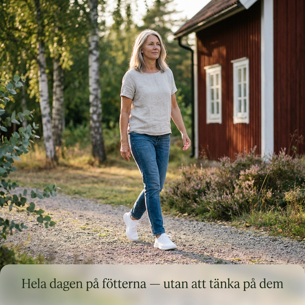 Kvinde bruger Stigré hallux-venlige sneakers