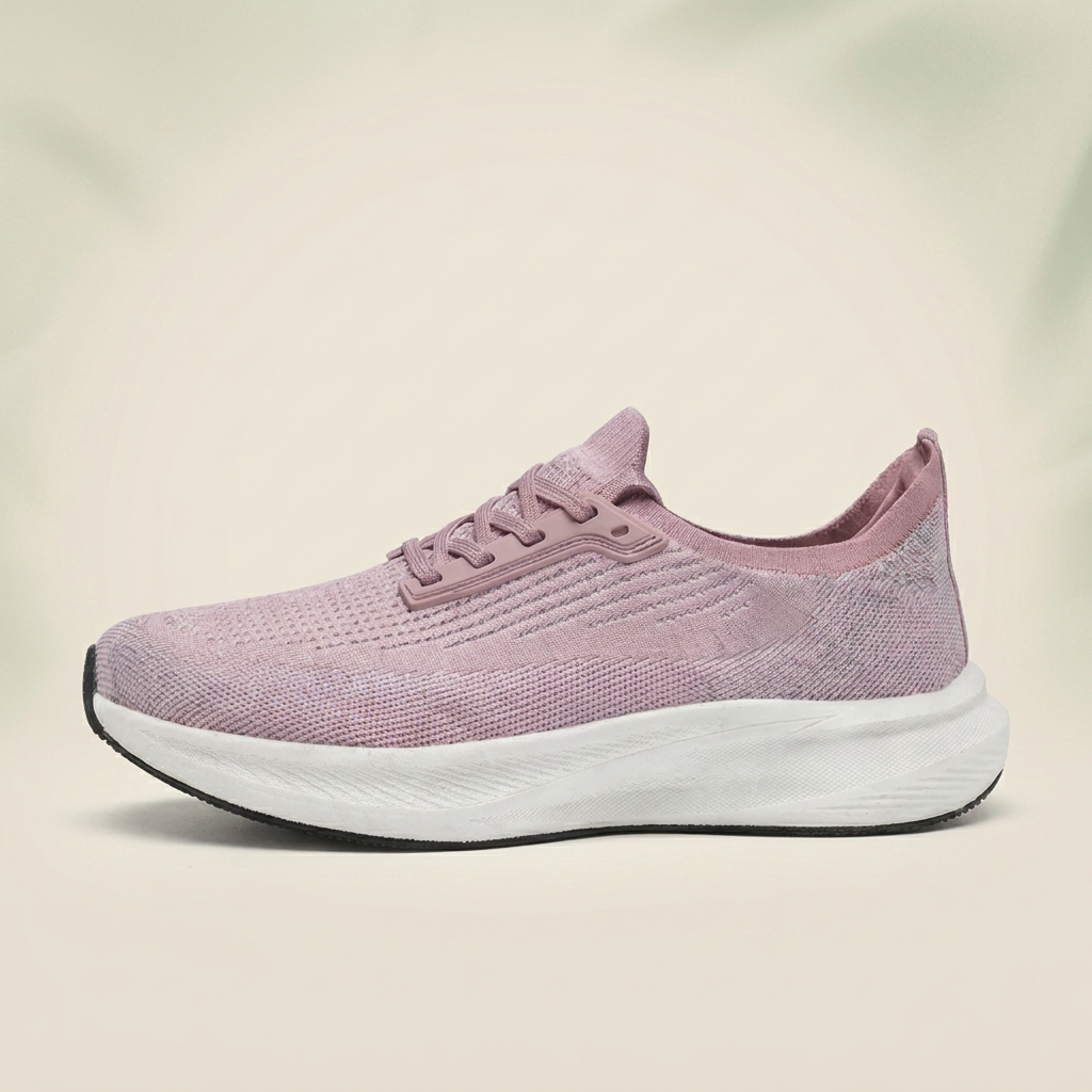 Stigré sneaker i sideprofil på cremefarvet studiebaggrund