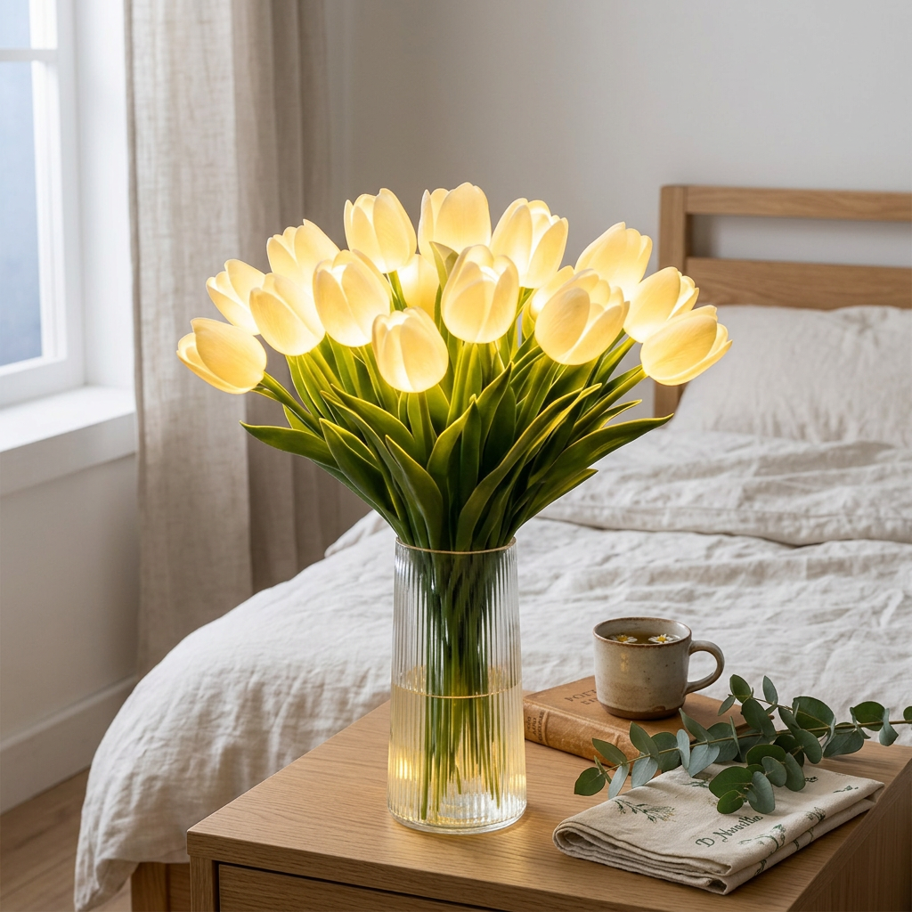 Hvide LED-tulipaner i en riflet glasvase i lyst rum