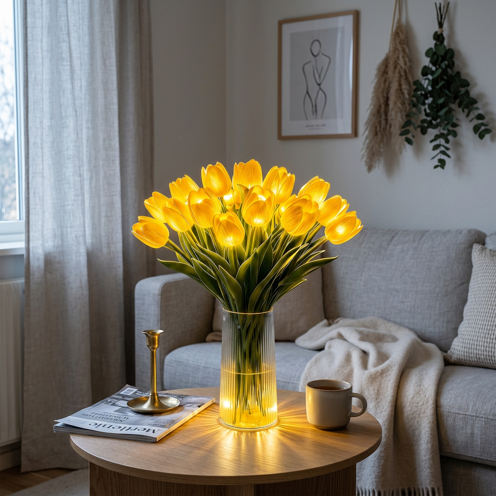 Gule LED-tulipaner i en riflet glasvase på et rundt bord