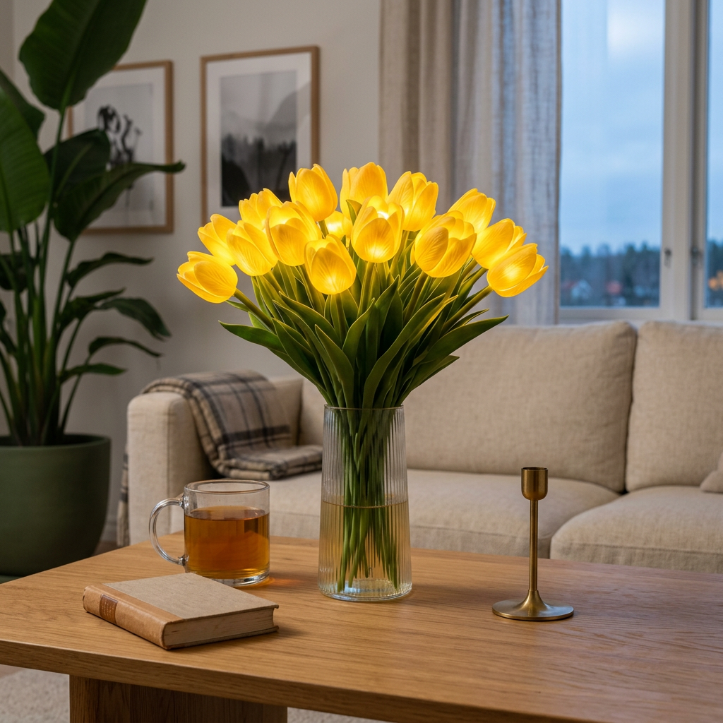 Gule LED-tulipaner i en riflet glasvase placeret lige