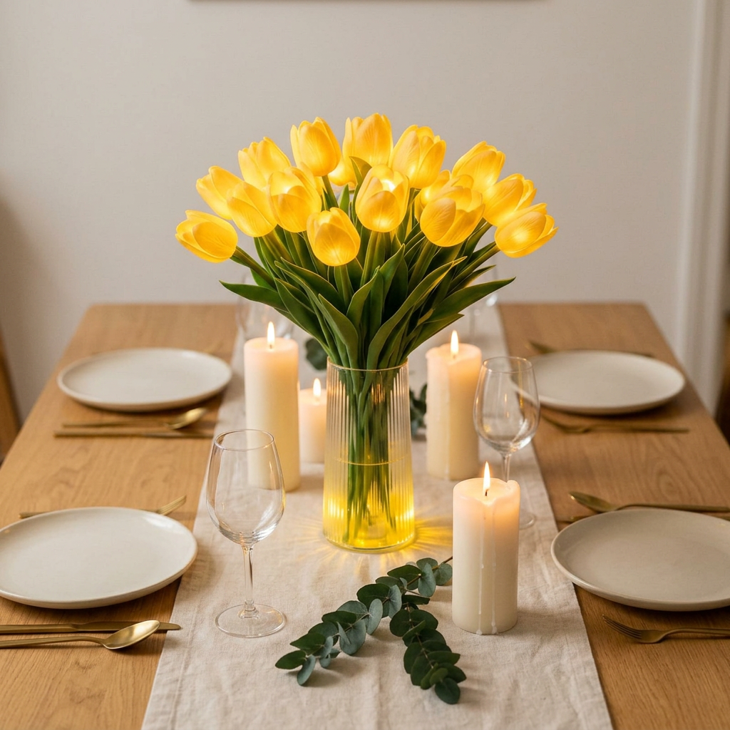 Gule LED-tulipaner i en riflet glasvase placeret i midten