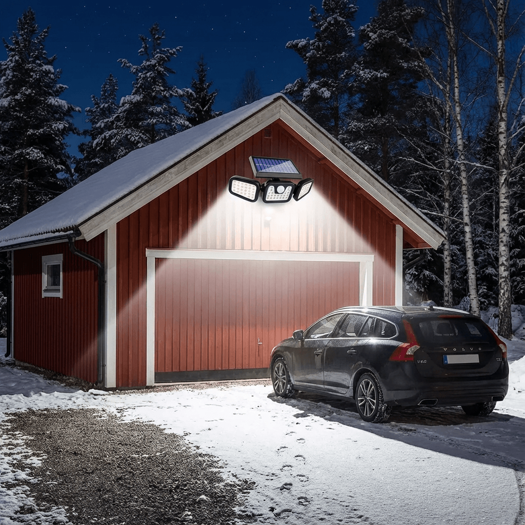 Solcellelampe monteret udendørs ved huset