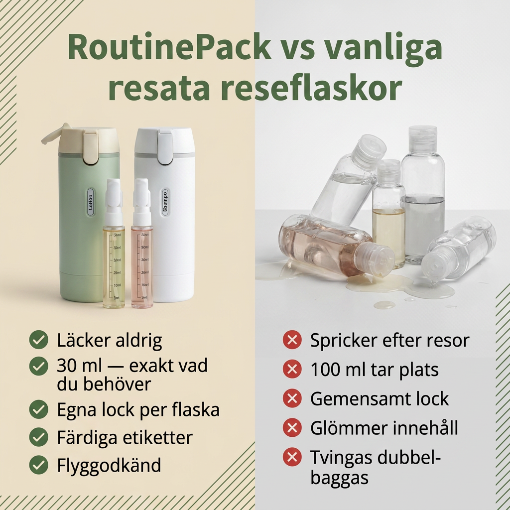 RoutinePack flaske på varm cremefarvet baggrund