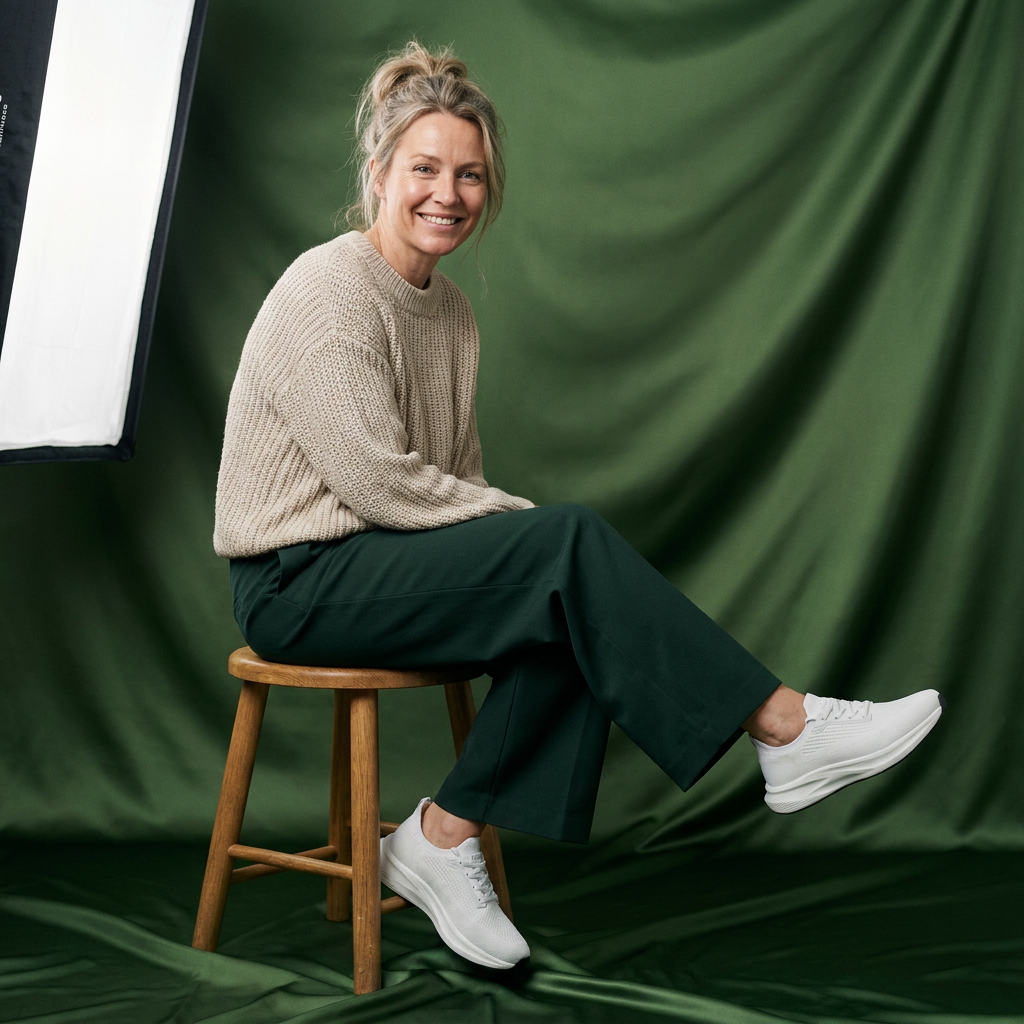 Kvinde i lys strik med Stigré hallux-venlige sneakers