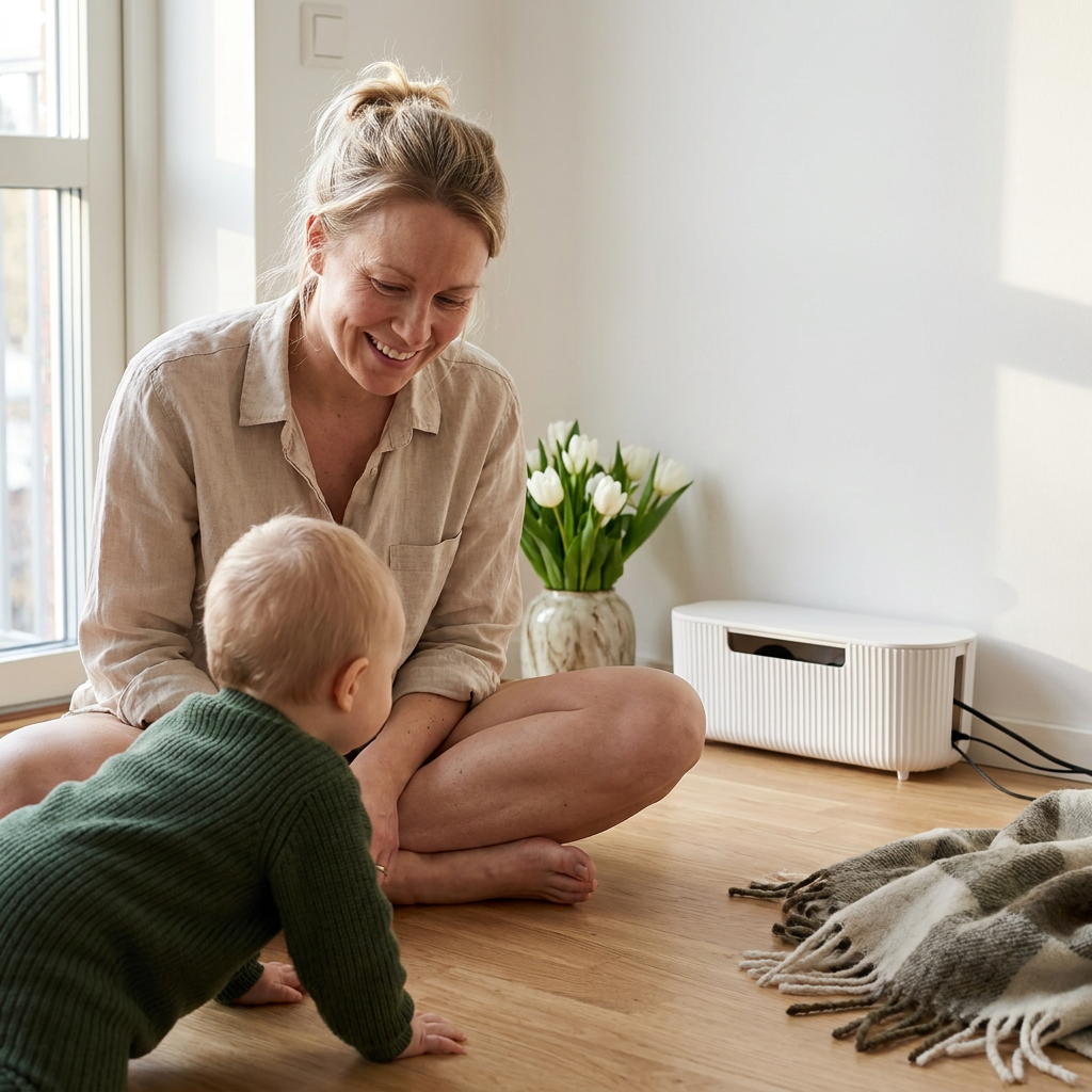 Kvinde arrangerer kabler med Norillo Kabelboks K33