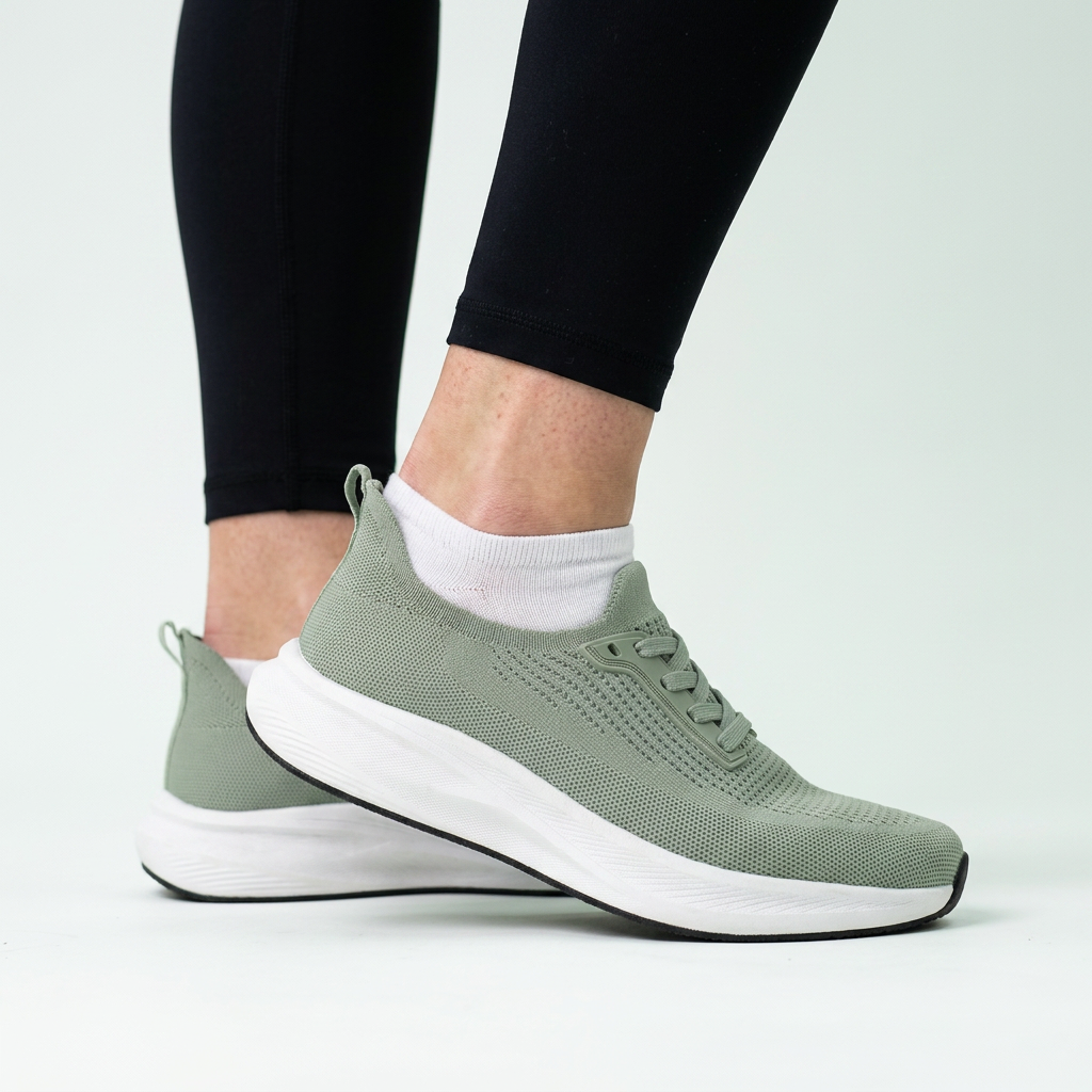Stigré sneakers båret af kvinde med sorte leggings