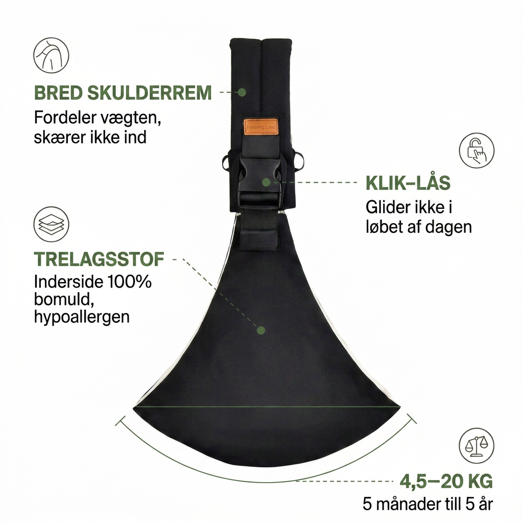Bred skulderrem, klik-lås, trelagsstof