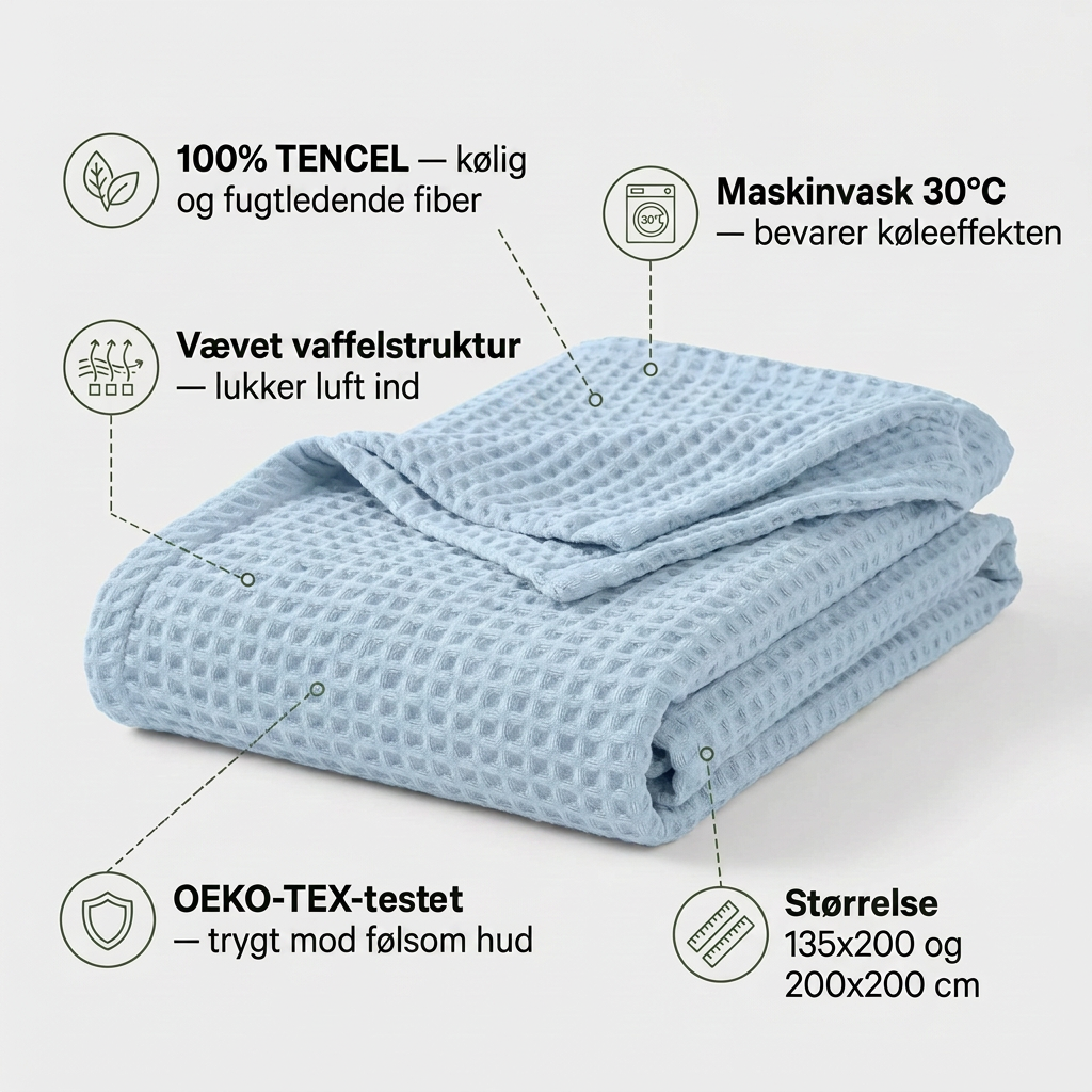 CoolWave køledyne fordele - 100% TENCEL, maskinvask, vævet vaffelstruktur, OEKO-TEX-testet