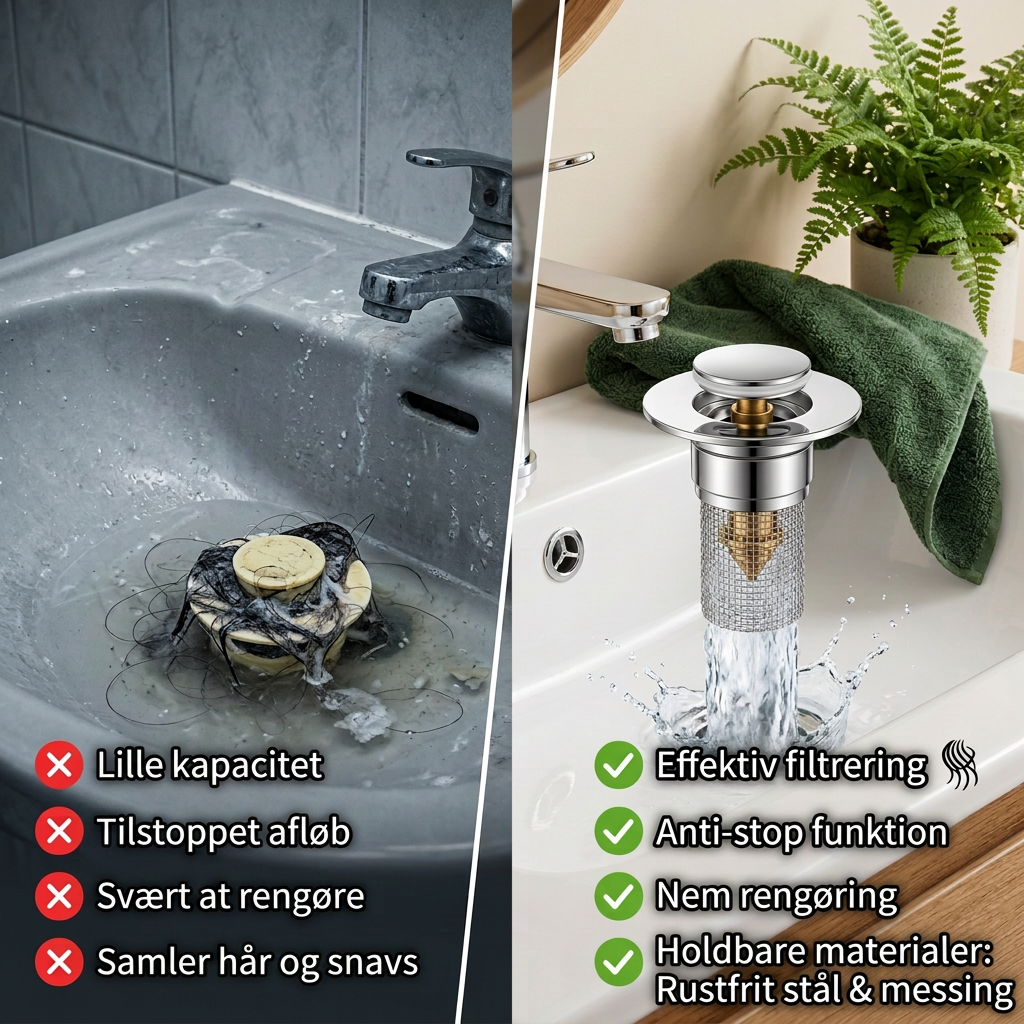 Norillo afløbsfilter før og efter sammenligning